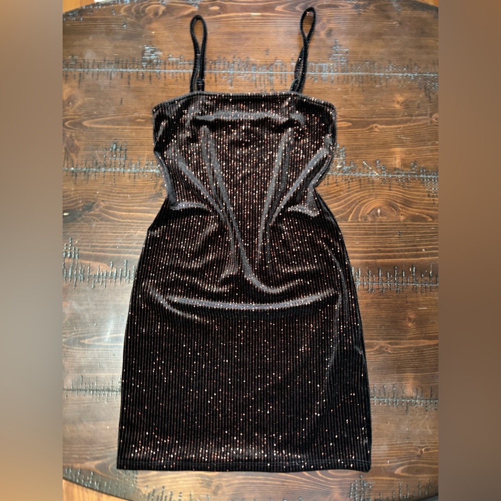 Sparkly black and red spaghetti strap mini dress